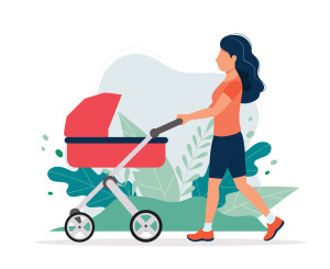 happy-woman-with-a-baby-carriage-in-the-park-vector-illustration-in-flat-style-concept-illustration-for-healthy-lifestyle-motherhood